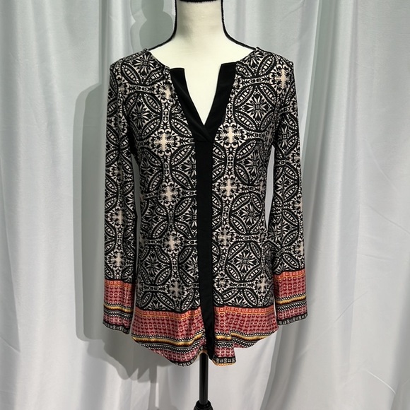 Ivy Ridge printed long sleeve top - orange, black, cream, yellow & maroon - Picture 3 of 11
